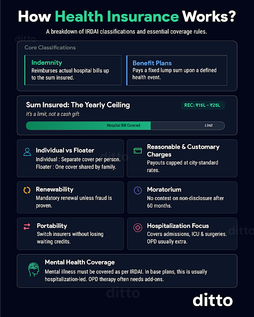 How Health Insurance Works - Indemnity, Benefit Plans, Sum Insured, Individual vs Floater, Reasonable and Customary Charges, Renewability, Moratorium, Portability, Hospitalization Focus, Mental Health Coverage